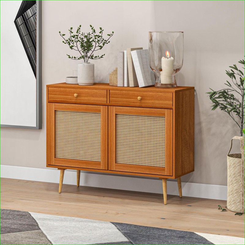 Armoires | Armoire de rangement Boho, 2 tiroirs, tablette réglable, pieds en pin massif, brun clair | Panneau de particules | Salon