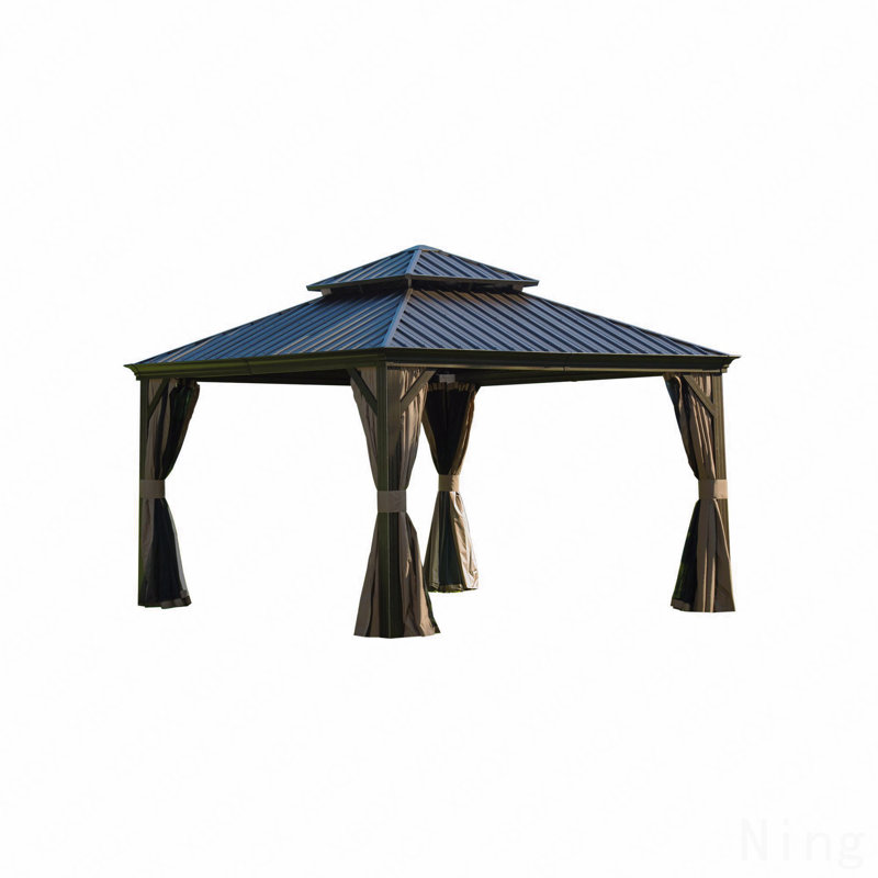 12X12FT Gazebo Aluminum, Mosquito Net For Outdoor Use With Galvanized Steel Double Roof (Brown), Brown