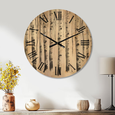 Grande horloge murale panoramique en bois - Forêt de bouleaux en hiver