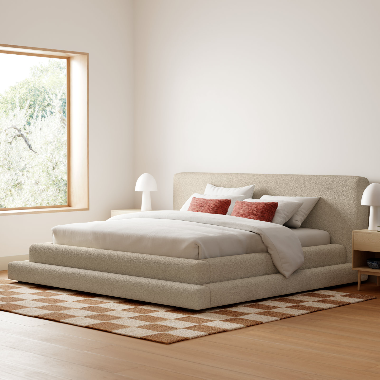 Hoffarth Upholstered Bed, Beige Faux Shearling Teddy Fabric, King