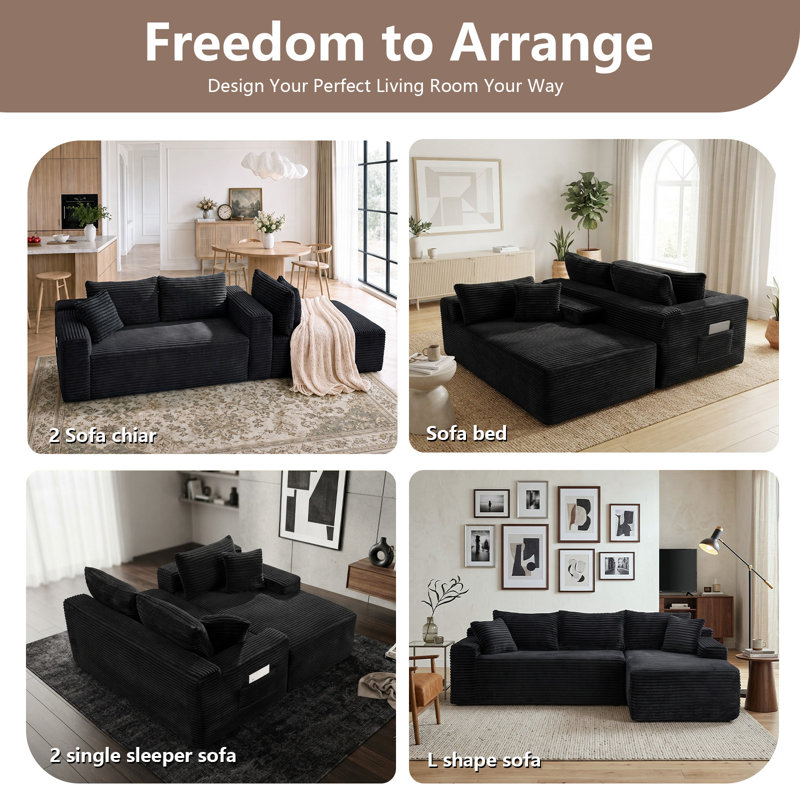 Canapé d'angle en L sans ossature et à compression de 270 cm (106,5 po), avec méridienne à droite, noir, Velours côtelé noir