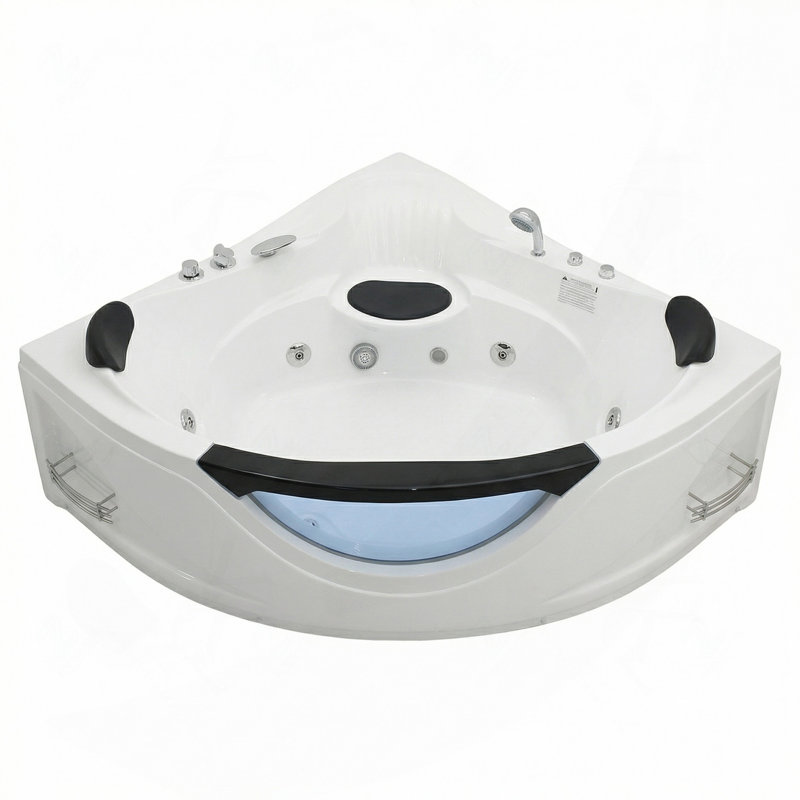 Baignoire balnéo d'angle de luxe pour 2 personnes de 150 cm (59 po) avec 6 jets d'hydromassage, lumières DEL de chromothérapie et commandes pneumatiques (certifiées UL et UPC)