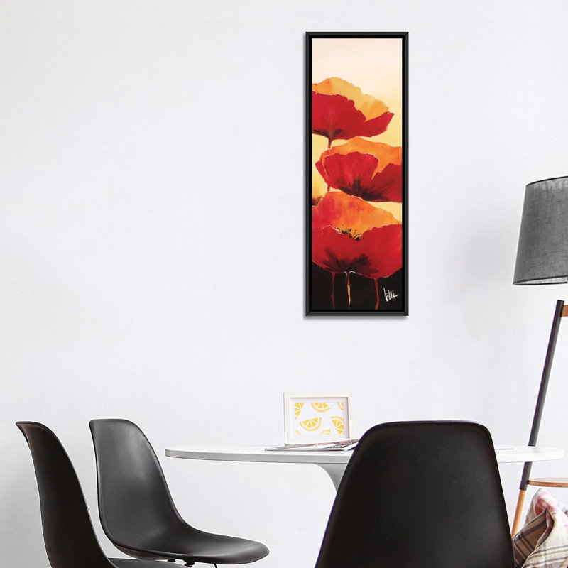 « three red popings i », impression sur toile, H 36 po x l 12 po x P 1,5 po, Toile avec cadre noir