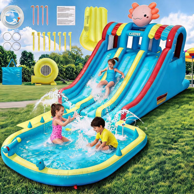 Parc aquatique gonflable hexagonal Dragon avec deux glissades - mur d'escalade, canon à eau, grande piscine, jeu gonflable robuste, souffleur inclus - jeu gonflable de glissade d'eau pour enfants 3-10.