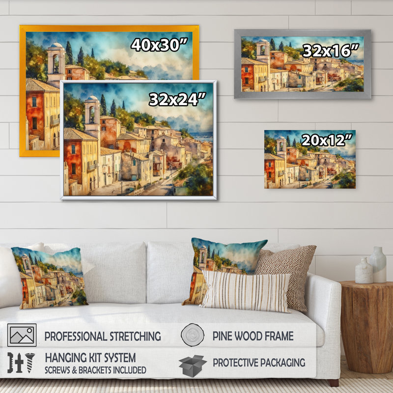Petite ville verte et beige en Italie, reproduction sur toile, Cadre photo noir, H 12 po x l 20 po x P 1 po