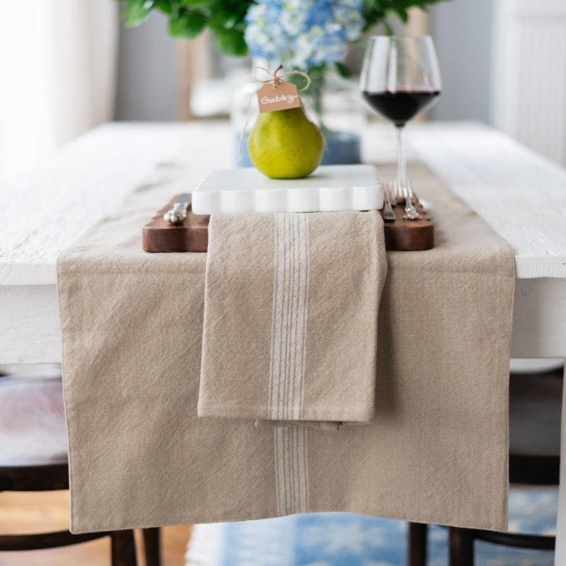 Chemin de table de style bistro français - Rayures vintage bleu marine, White