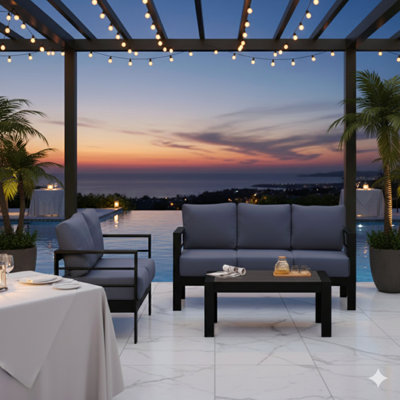3-Piece Modern Aluminum Patio Conversation Set, 5-Seat Outdoor Sofa With  Thick Blue Cushions & Black Frame And Coffee Table
