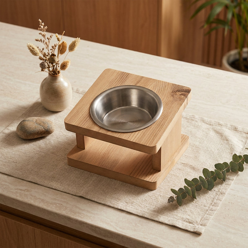 Mangeoire surélevée moderne en bois naturel pour un seul animal de compagnie avec bol en acier inoxydable (5,5 po de diamètre x 2,2 po de hauteur)