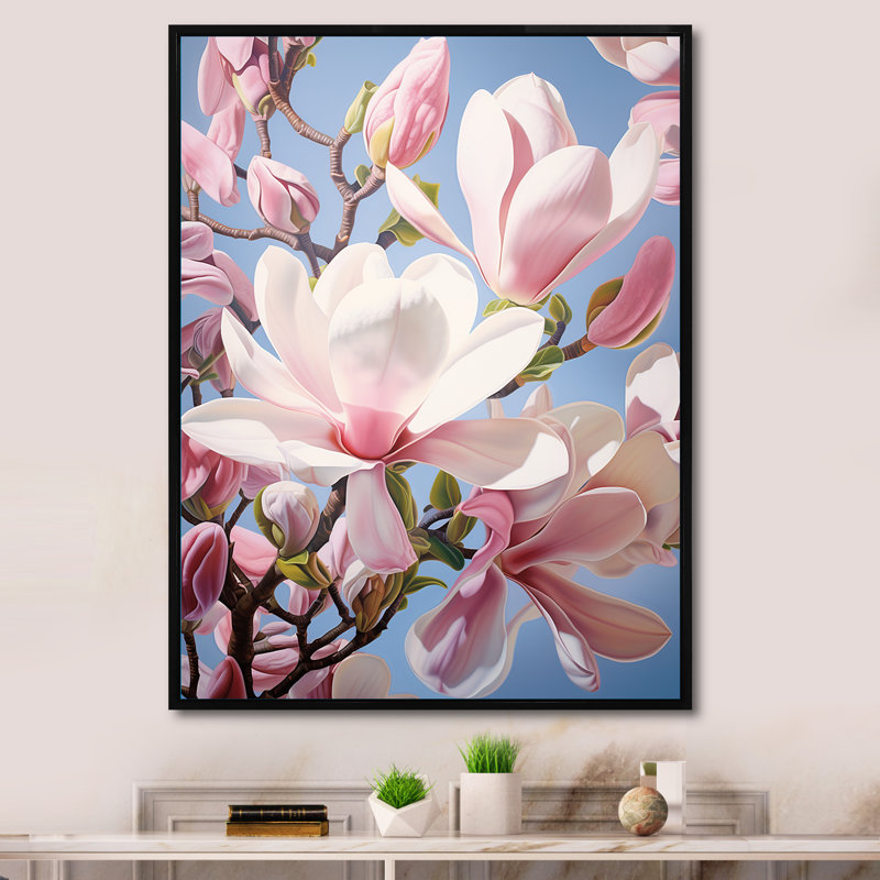 Reproduction d'art sur toile florale, rose et bleu, H 32 po x l 16 po x P 1 po, Cadre flottant noir