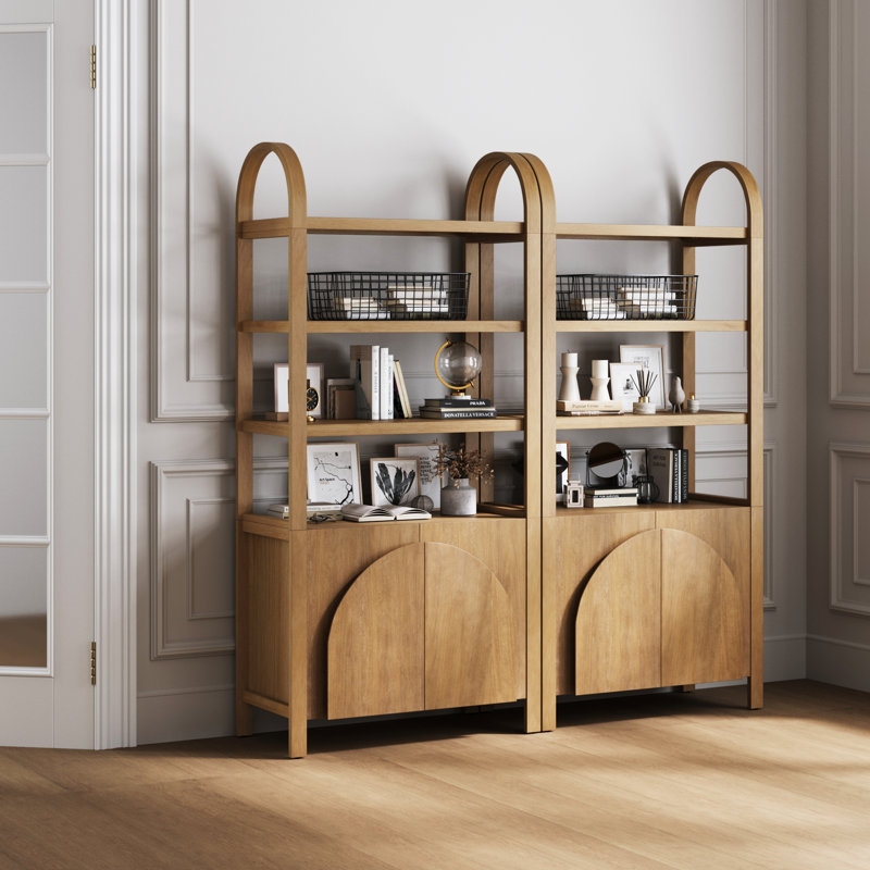Bibliothèque à 3 niveaux avec base d'armoire et structure en bois massif (ensemble de 2 pièces), Marron clair