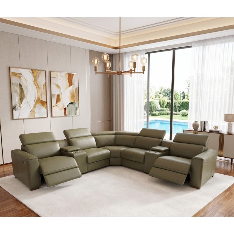 Brentkil Top-Grain Leather Reclining Modular Sectional, Olive Top Grain Leather