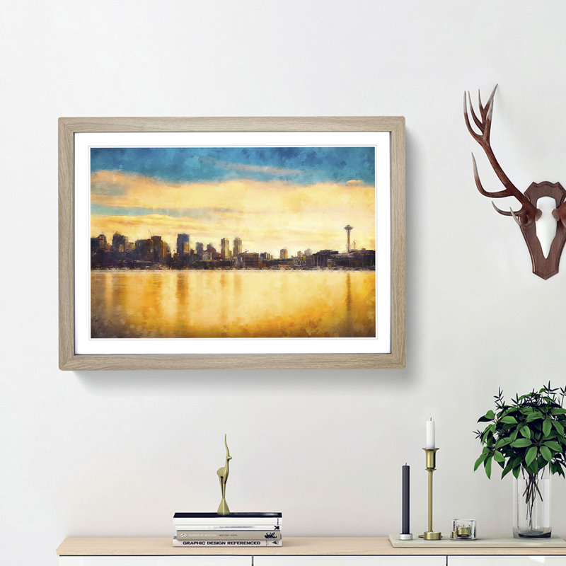 Reflection Of The Seattle Skyline - Single Picture Frame Painting on MDF, 24cm H x 33cm W x 2cm D, Oak Framed