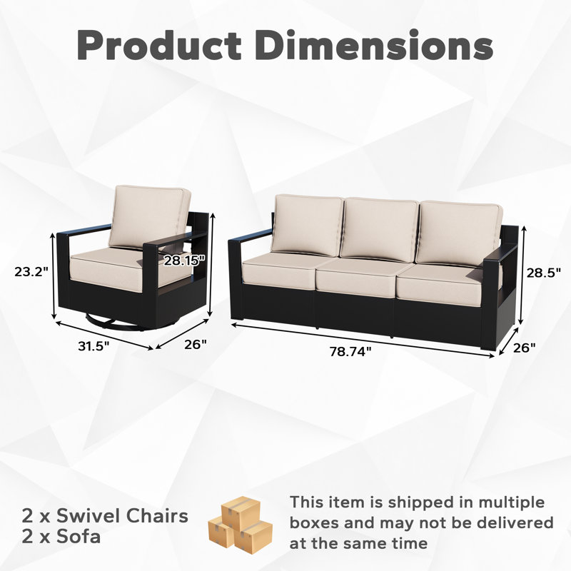 Ensemble de patio d'extérieur en aluminium 4 pièces avec 2 canapés, 2 chaises pivotantes et coussin beige Abdullah, Beige