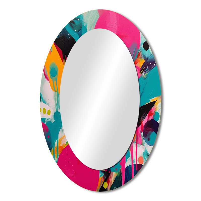Pink And Turquoise Abstract Enigma I - Pink Modern Oval Wall Mirror, 36" x 24"