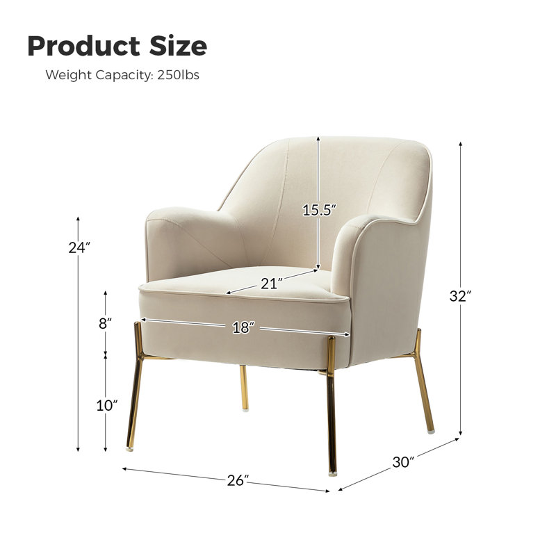Chaise contemporaine Cleo de 26 po de largeur avec accoudoirs encastrés, Velours havane