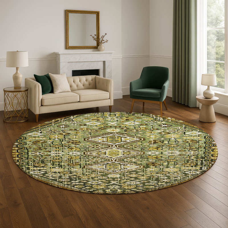 Premium Machine Washable Ashington AMF1834 Aztec Rug, Round 8'