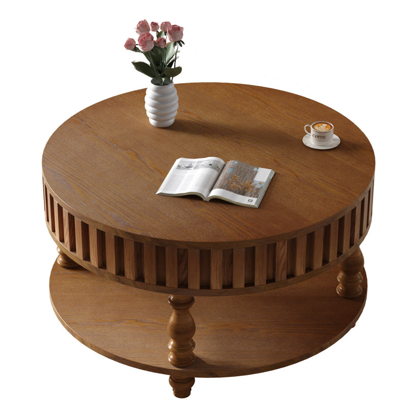 Table basse cannelée ronde de couleur brun rustique, compartiment rabattable et pieds en bois massif pour la table de salon, rangement caché, tablette inférieure ouverte