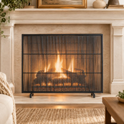 39 in. L x 30 in. H Black 1-Panel Iron Fireplace Screen, Single Panel Metal Fire Spark Guard