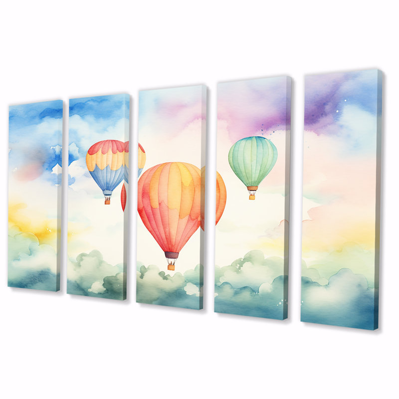 Aquarelle verte et rouge montgolfière Horizon III - montgolfière, 5 pièces, H 32 po x l 80 po