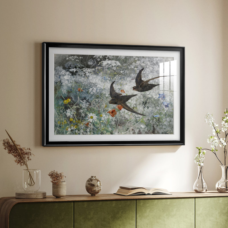 «Swallows in a Summer Landscape» par Bruno Liljefors, reproduction encadrée avec passe-partout et verre-1886, 22,5 x 30,5