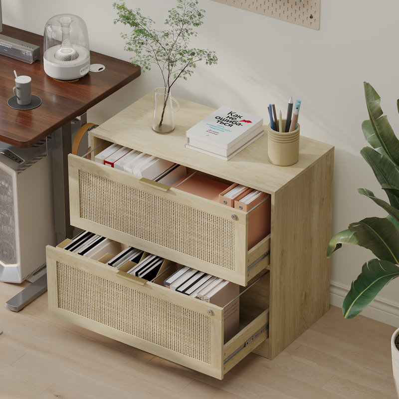 31.1"W Rattan File Cabinet With 2 Drawer & Lock, Natural Wood
