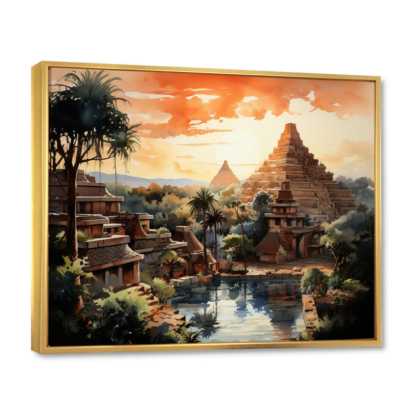 «Teotihuacan Sunrise Impressionism II», art mural Mexique, Cadre flottant doré, H 16 po x l 32 po x P 1 po
