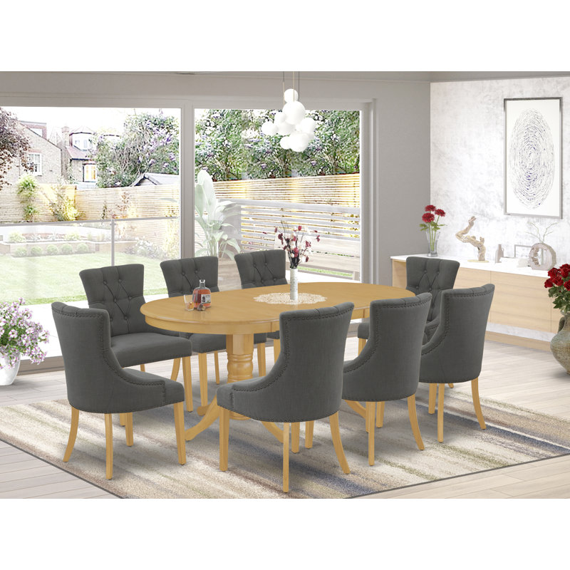 9 Piece Kitchen Table Set Includes an Oval Dining Table with Butterfly Leaf and 8 Dark Gotham Linen Fabric Parson Dining Chairs, Oak
