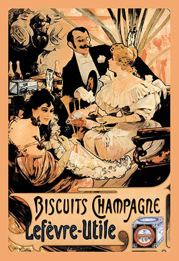 « biscuits champagne » par alphonse mucha affiche rétro, H 42 po x l 28 po x P 1,5 po