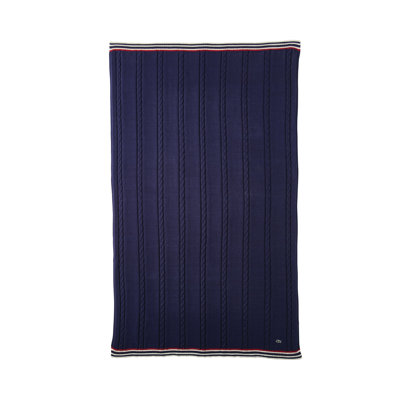 Lacoste Cable Knit 100% Cotton 50x70 Throw Blanket, Cozy Sweater Knit with Striped Rib and Embroidered Croc Patch, Navy