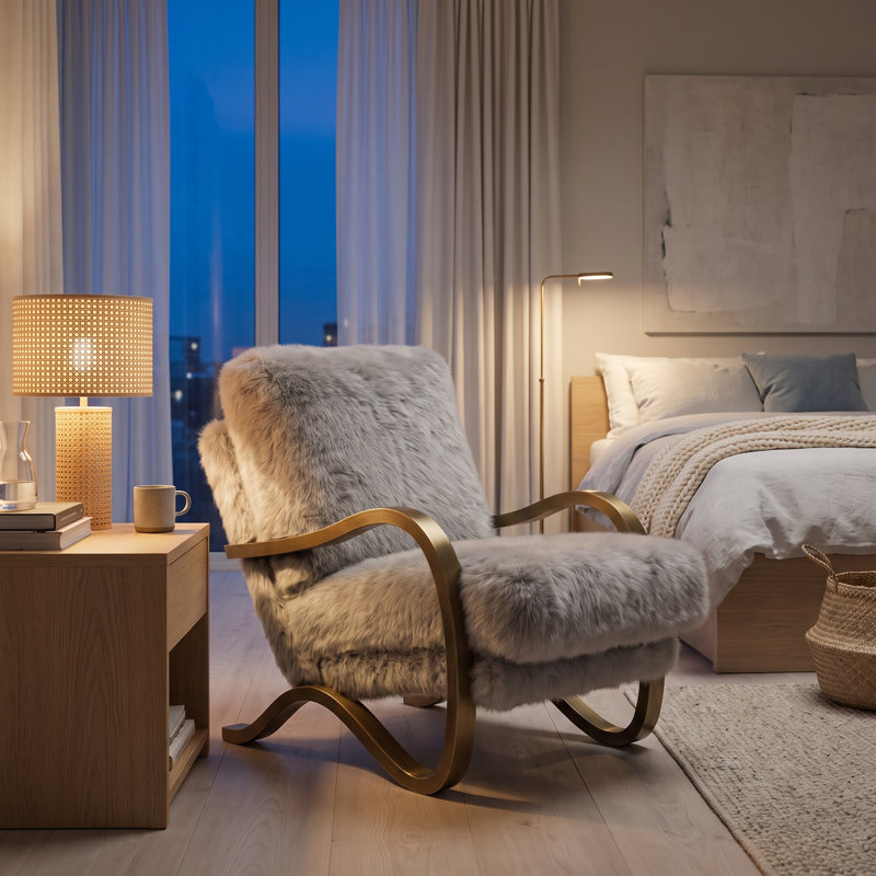 Chaise d'appoint grise en fausse fourrure avec accoudoirs, chaise longue moelleuse avec structure en laiton brossé