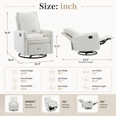 Fauteuil inclinable, pivotant et rembourré Rovella Capacité pour la chambre à coucher, le salon