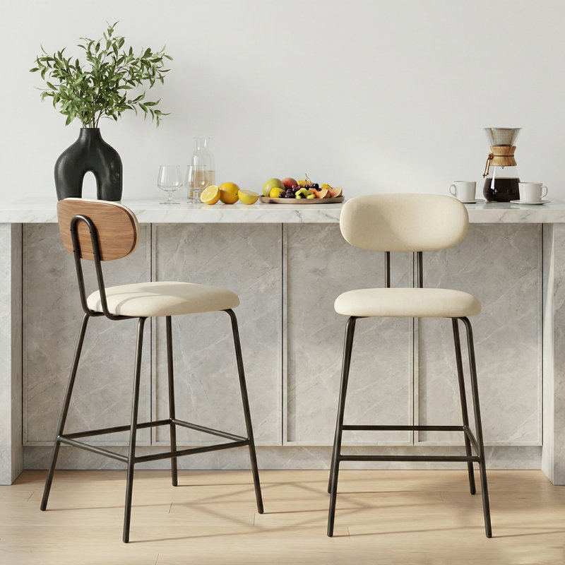 26'' H Modern Linen-like Fabric Upholstered Counter Height Barstool With Metal Legs, Beige