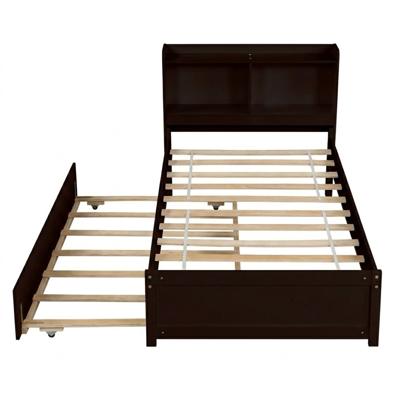 Practical bed frame with bedside storage and trundle bed for bedrooms, twin size, Espresso