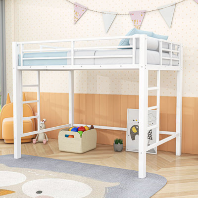 Metal Loft Bed with Ladder and Guardrails