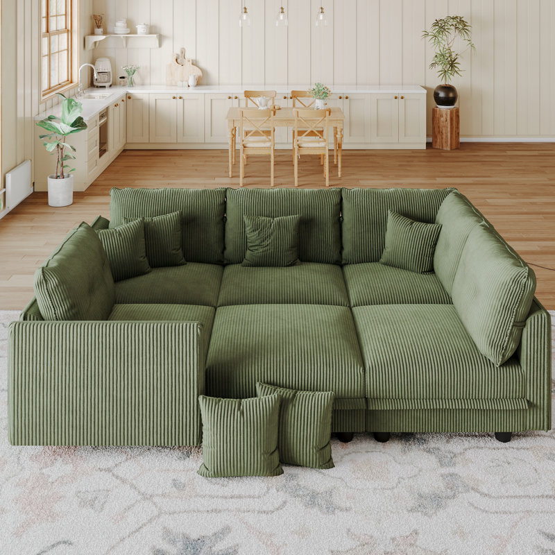 6 Seat Corduroy Convertible Modular Sectional Sofa With Storage, 4 Back Cushion 6 Throw Pillow, Green Corduroy
