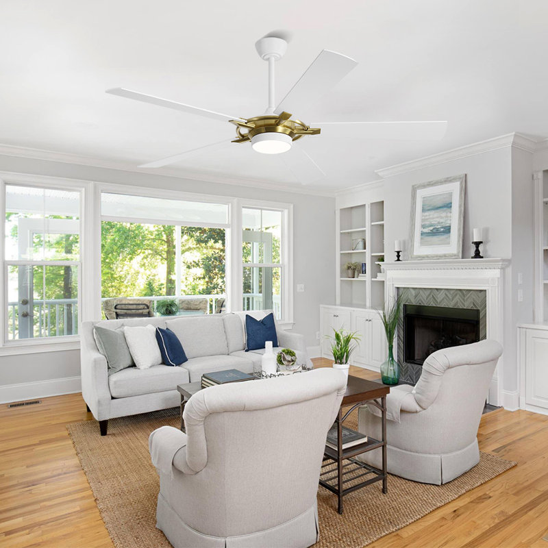 60 po Ventilateur de plafond intérieur avec ensemble d'éclairage et télécommande, Or, Blanc