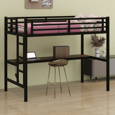 Metal Loft Bed With Power Outlet And LED Lighted, With Desk, Space-Saving