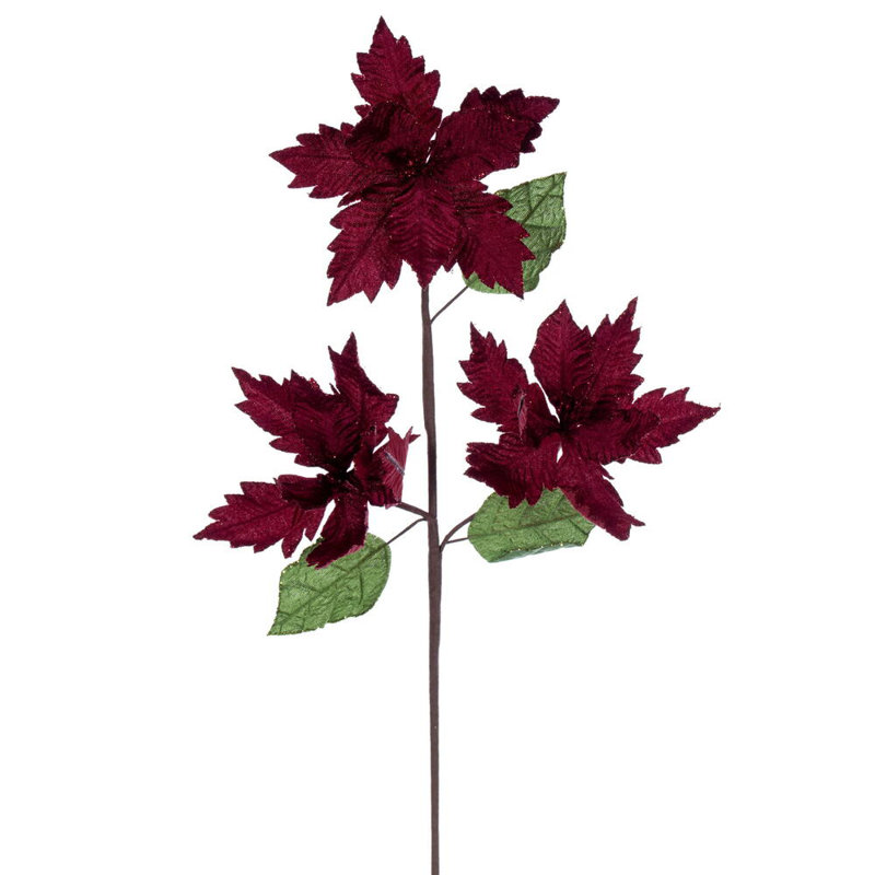6" x 26" Baby Velvet Trio Razor Poinsettia Stem. It includes three pieces per bag., Dark Red