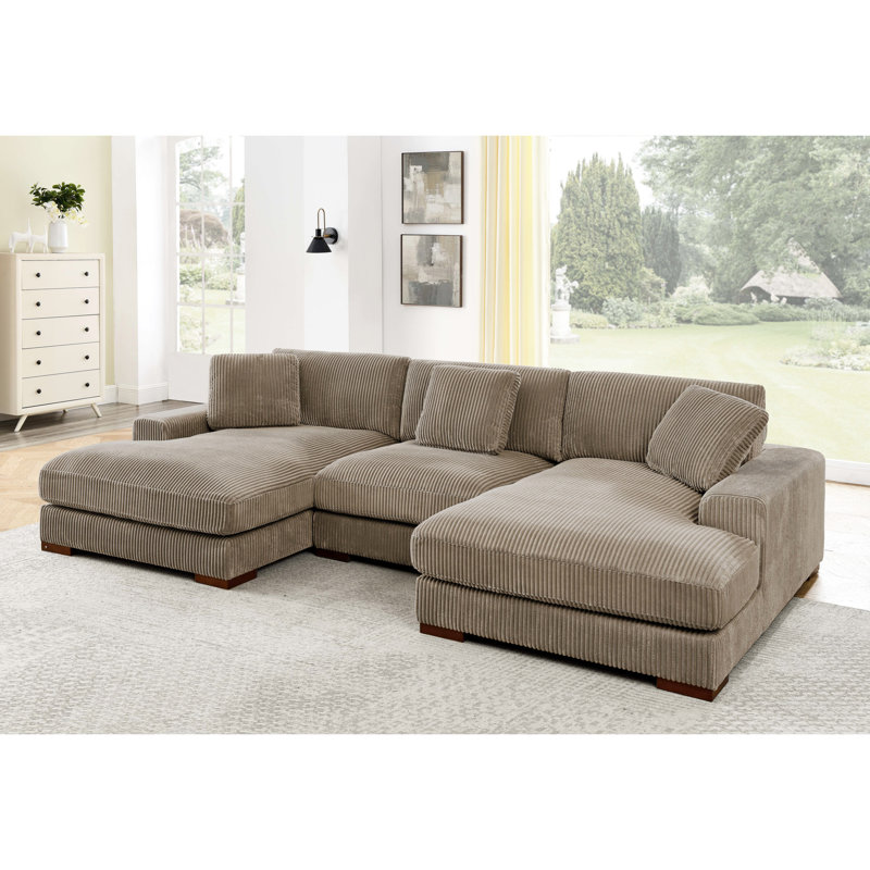 Très grande chaise double rembourrée en velours côtelé, 3 sièges, couleur chameau, sièges confortables, coussins décoratifs, bois d'œuvre réglable, canapé modulaire à assemblage simple avec grande assise,