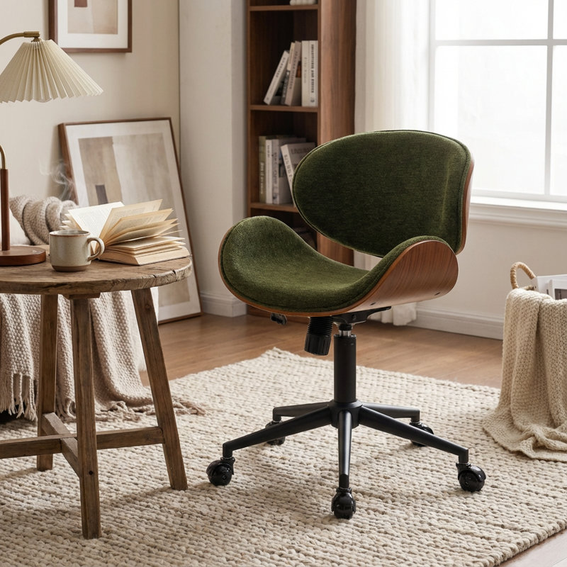 Chaise de bureau rembourrée à hauteur ajustable avec chaise pivotante en chenille et structure en métal, Chenille verte