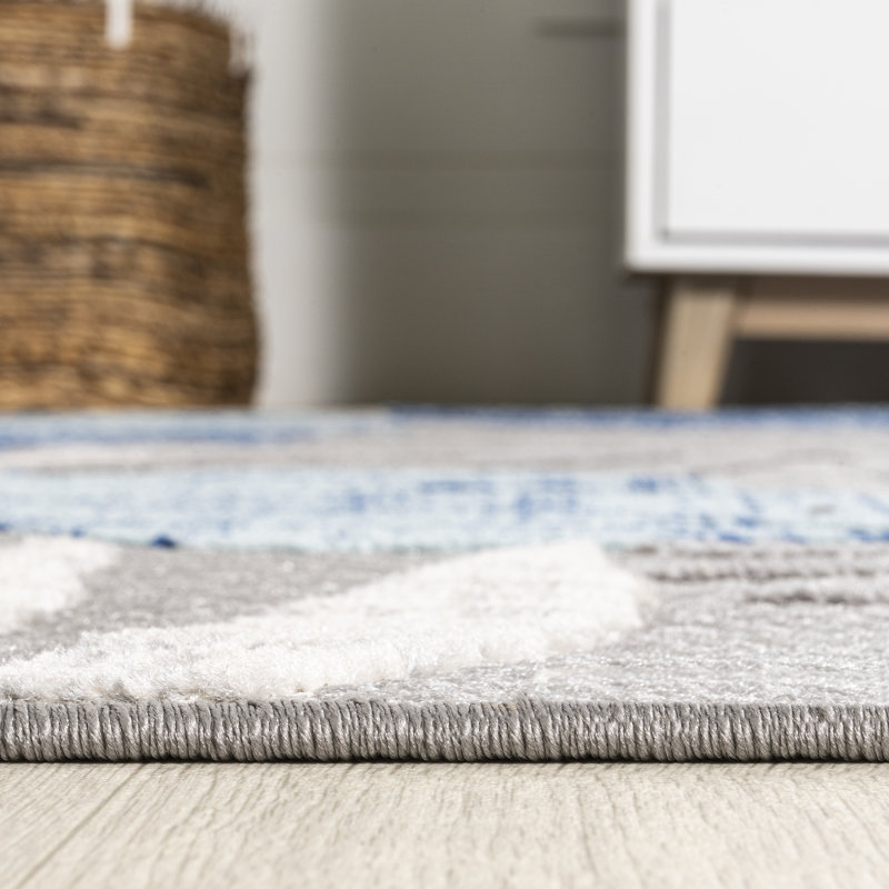 Etolin Tropical Leaf High-Low Light Gray/Navy Indoor/Outdoor Rug, Runner 2'3" x 8'