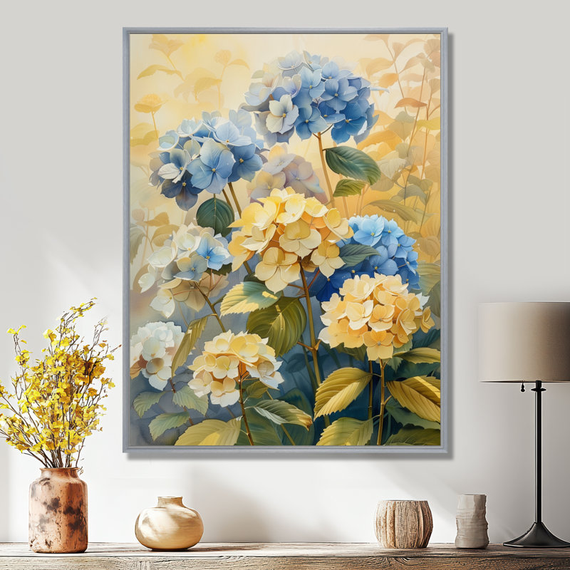 Impression d'art mural bleu et jaune, H 12 po x l 20 po, Encadrement argenté