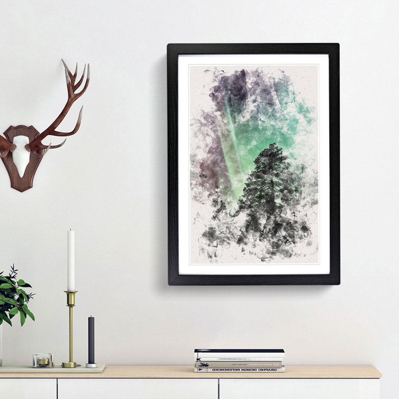 Northern Lights over the Forest - Picture Frame Painting Print, Black Framed, 45cm H x 33cm W x 2cm D