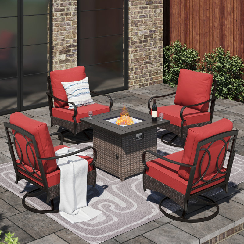 Emmaus 4-Person Swivel Sofa Chairs Seating Group with Fire Pit Table, Red