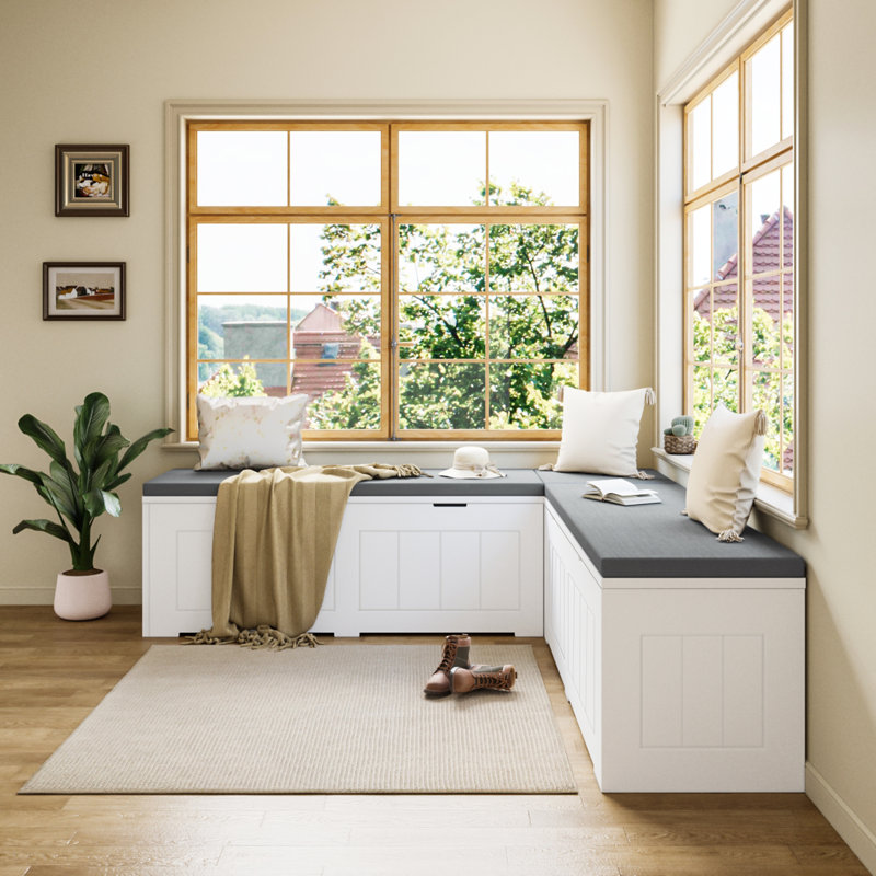 Banc de rangement en forme de L, banc de coin-repas de cuisine, banc d'angle sans dossier avec rangement, bancs à chaussures avec coussin pour vestiaire d'entrée, blanc et gris, P 63 po x l 63 po x H 18,3 po