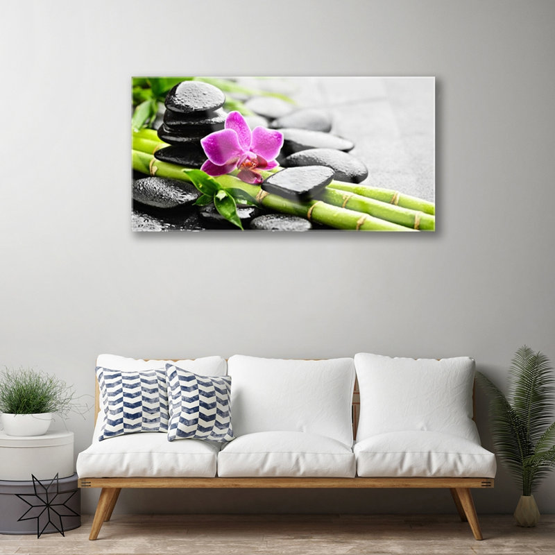 Art Bamboo Tube Flower Stones - No Frame Print on Glass