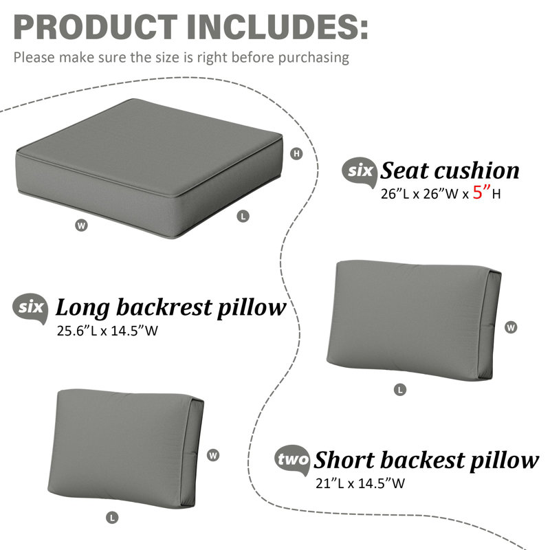 14-Piece Outdoor Replacement Cushion Set Seat/Back Cushion，26'' W X 26'' D，Only Cushions, Light Gray, 26" L x 26" W x 5" H
