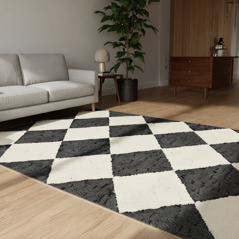 Tapis lavable à motif géométrique noir à carreaux crème, Tapis de couloir 2 pi 6 po x 6 pi 7 po