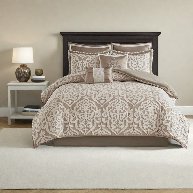 Ensembles de literie en jacquard élégant, brun clair et ivoire, taille grand en polyester de qualité supérieure