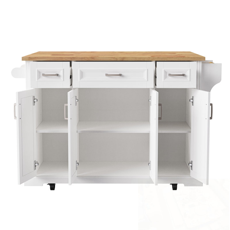 Kitchen Island with Drop Leaf, 4 Doors and 3 Drawers, White
